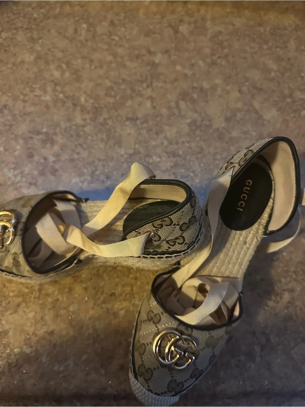 Gucci Beige Monogram Espadrille Wedges with Gold Double G